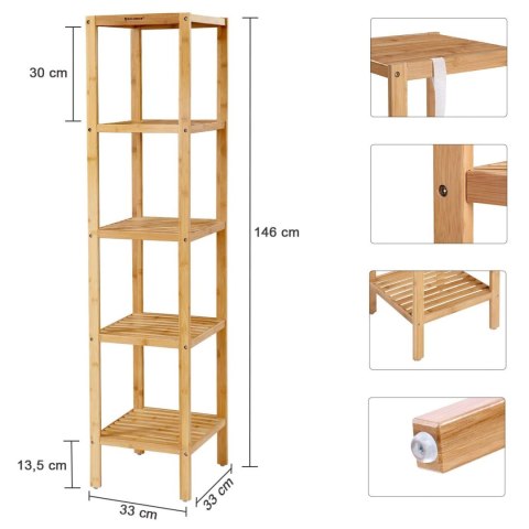 Wymiary regału Madake Taka: wysokość 146 cm, szerokość 33 cm, odległość między półkami 30 cm.