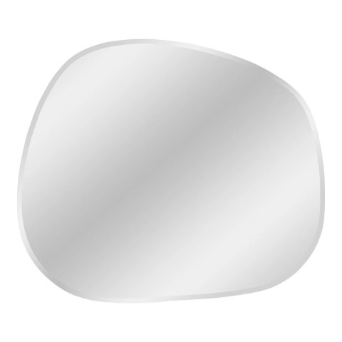 Asymetryczne szklane lustro Hyoga w minimalistycznej aluminiowej ramie w kolorze srebrnym na białym tle.