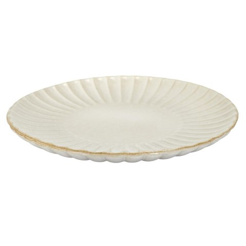 Płaski beżowy talerz ceramiczny Beju Sara II ukierunkowany z boku, pokazujący uniesiony, falowany brzeg.