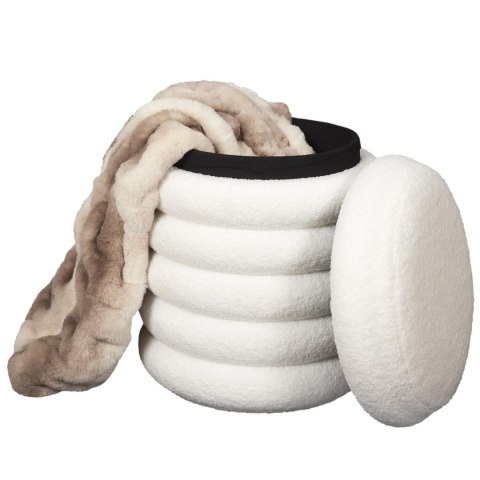 Otwarta pufa z MDF Futon ze zdjętym wiekiem obok, ukazująca czarne wnętrze pojemnika.