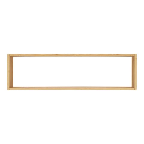 Minimalistyczna, geometryczna półka japandi Shu z bambusa w widoku od przodu na jasnym tle.