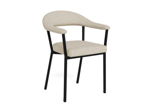 Elegancie krzesło Kurogane z jasnym tapicerowanym siedziskiem i czarną metalową ramą.
