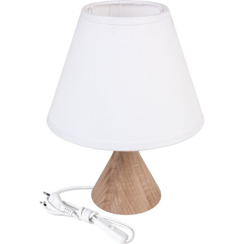 lampa stołowa hinoki teburu dębowa podstawa i jasny abażur z białym kablem