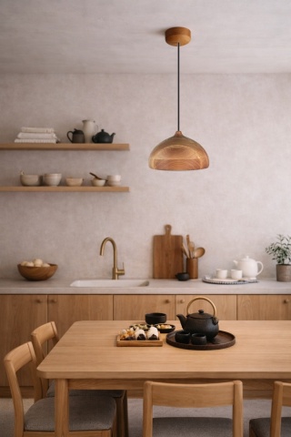 Lampa wisząca drewniana japandi olchowa czarny kabel Kame II