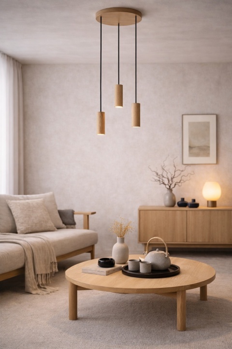 lampy wiszące japandi drewniane Take nad stolikiem kawowym w salonie