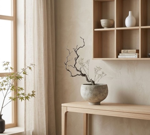 Szara ceramiczna doniczka Biseki z ozdobnymi gałązkami ustawiona na drewnianej konsoli w jasnym salonie japandi.
