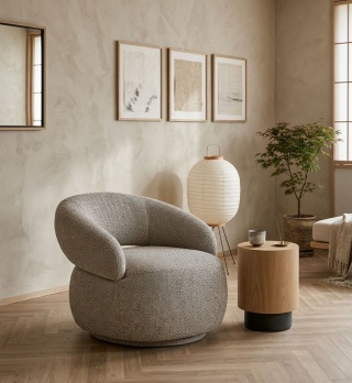 Obrotowy fotel z tkaniny strukturalnej japandi Tetsuiro - 88x83x72 cm