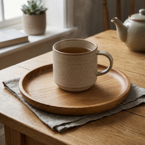 drewniana taca dębowa japandi z kubkiem i ceramiką