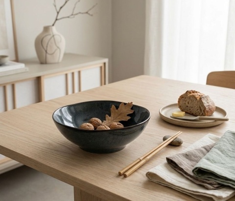 Ciemnogranatowa ceramiczna misa japandi Midori V z orzechami na drewnianym stole obok talerzyka z pieczywem i lnianej serwety.