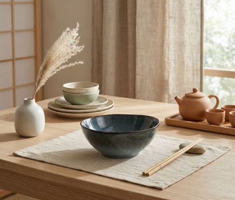 Ciemnogranatowa ceramiczna misa japandi Midori VII na beżowej podkładce obok ceramicznego czajniczka i wazonu.