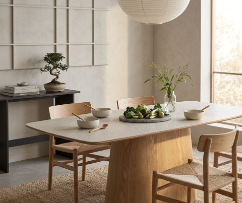 Prostokątny beżowy stół ceramiczny Doha z drewnianymi krzesłami w jasnej jadalni w stylu japandi.