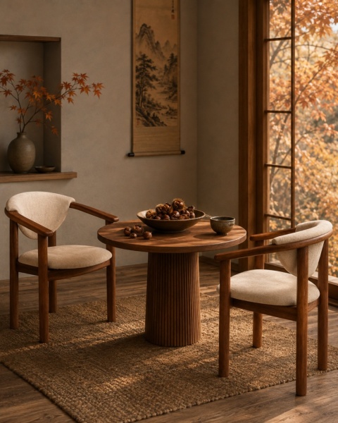 Krzesło tapicerowane Elio Chestnut przy stole w salonie japandi