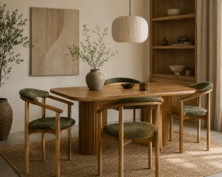 Krzesło drewniane tapicerowane japandi Senro Olive w kolorze naturalnego dębu