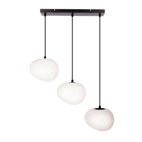 Potrójna lampa wisząca Danketsu Nagare z białymi, organicznymi kloszami na czarnej listwie.
