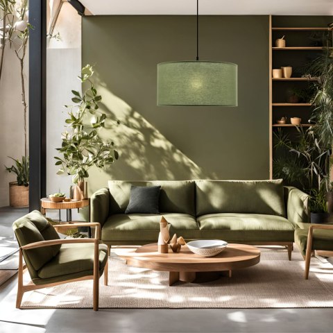 lampa wisząca japandi zielona Maika Midori w salonie nad stolikiem kawowym