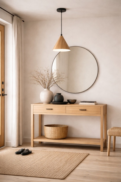 lampa wisząca japandi drewniana Koan I przy konsoli w jasnym wnętrzu