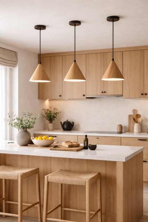 lampa wisząca japandi drewniana Koan II przy konsoli w jasnym wnętrzu