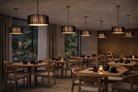 lampy wiszące japandi czarne Yogiri II nad stołami w restauracji