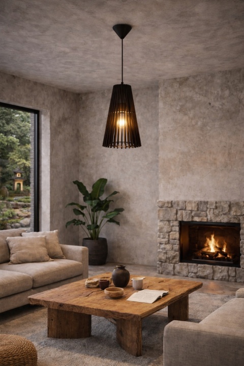 lampa wisząca japandi drewniana Komorebi I w salonie nad stolikiem kawowym