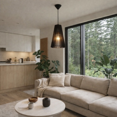 lampa wisząca japandi drewniana Komorebi I w salonie przy sofie i dużym oknie