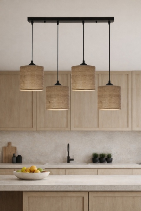 Lampa wisząca rattanowa Kurumi IV nad wyspą kuchenną