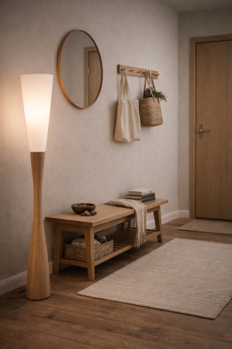 lampa stojąca japandi shin shiro przy konsoli w przedpokoju