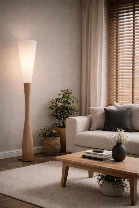 biała lampa podłogowa japandi shin shiro w salonie