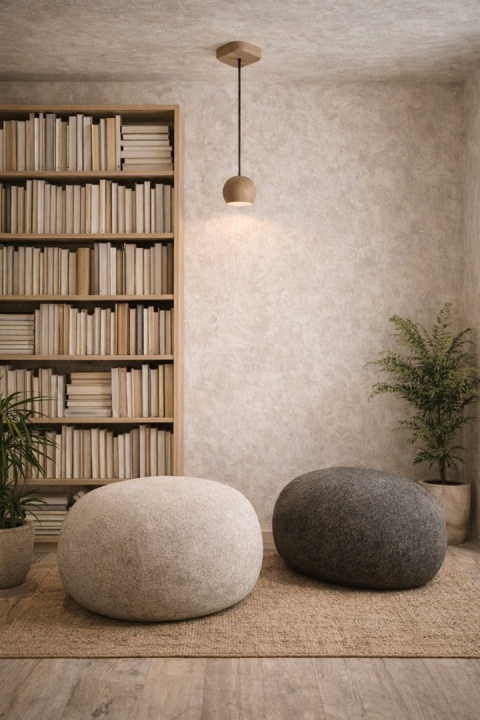 lampa wisząca japandi drewniana Tama I w salonie przy ścianie z półkami