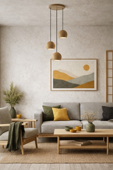 lampa wisząca japandi drewniana Take nad stolikiem kawowym w salonie
