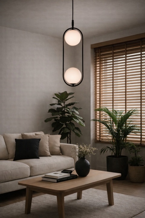 lampa wisząca japandi Tsuki czarna w salonie z jasną sofą i rośliną