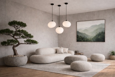lampy wiszące japandi Nagare 30 cm w salonie jako centralne oświetlenie