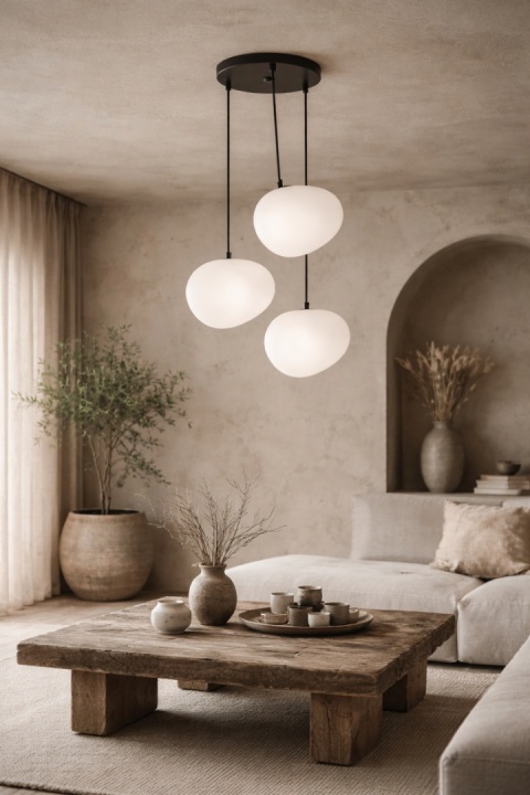 lampa wisząca japandi Nagare San w salonie nad stolikiem kawowym