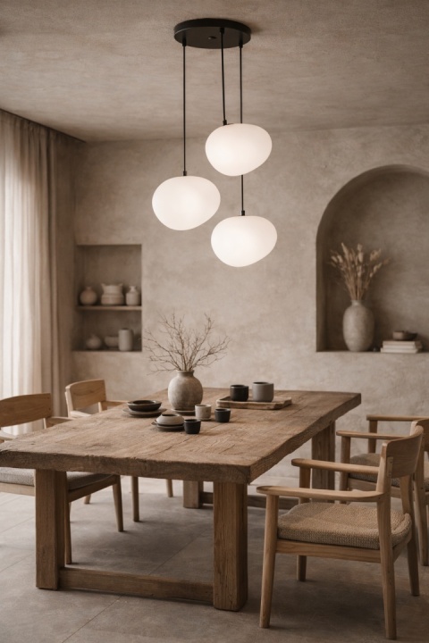 lampa wisząca japandi 3-punktowa Nagare San nad stołem w jadalni