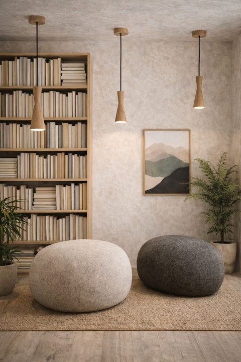 lampy wiszące japandi drewniane Shizuku w salonie przy ścianie z półkami