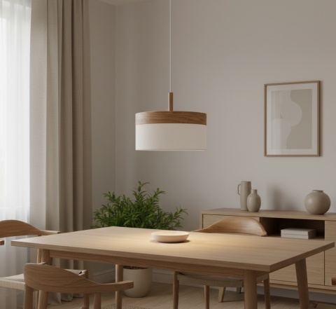 lampa wisząca japandi Nagomi w jasnej jadalni w naturalnej aranżacji