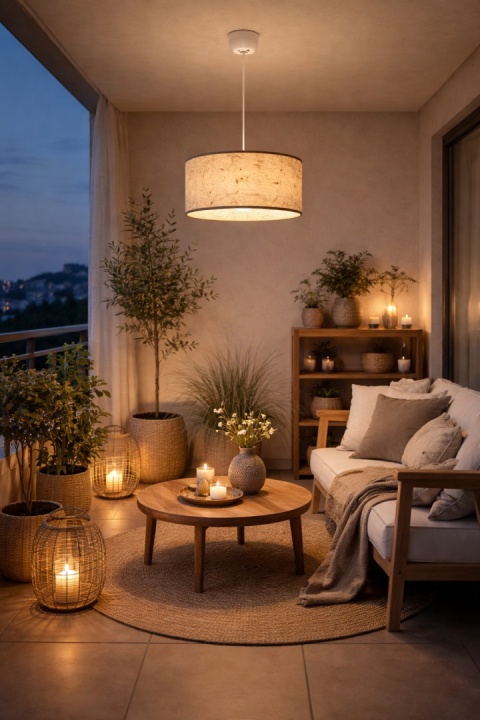 lampa wisząca tkaninowa japandi Washi w sypialni z miękkim światłem
