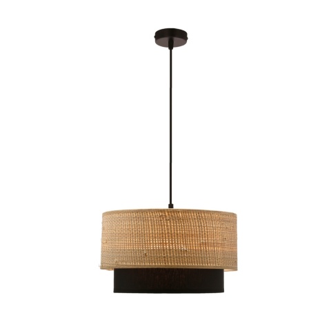 lampa wisząca Kagehikari z widoczną strukturą rattanu i ciepłym światłem