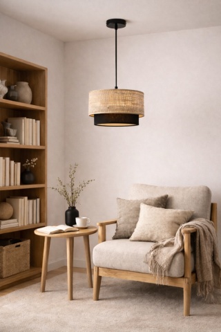 Lampa wisząca rattanowa beżowa czarna japandi Kagehikari