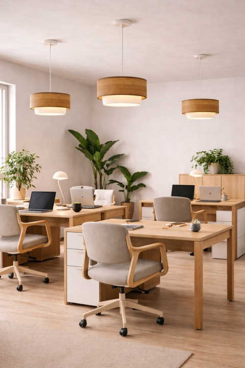 Lampa wisząca japandi drewniana z tkaniną | Akari no Wa