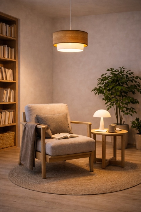 Lampa wisząca japandi drewniana z tkaniną | Akari no Wa