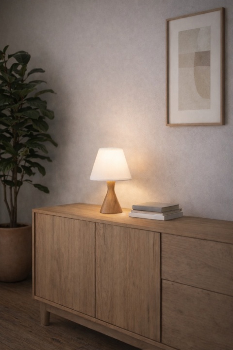 lampa stołowa drewniana hinoki teburu w salonie na komodzie