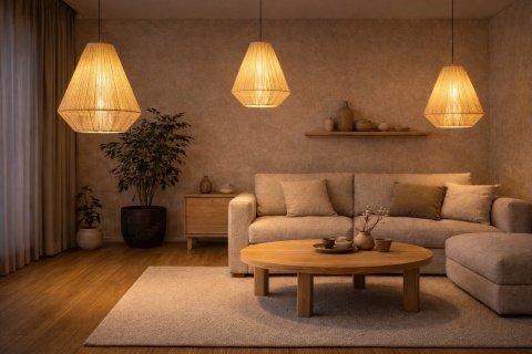 Lampa wisząca rattanowa Asa w salonie – ciepłe światło i klimat
