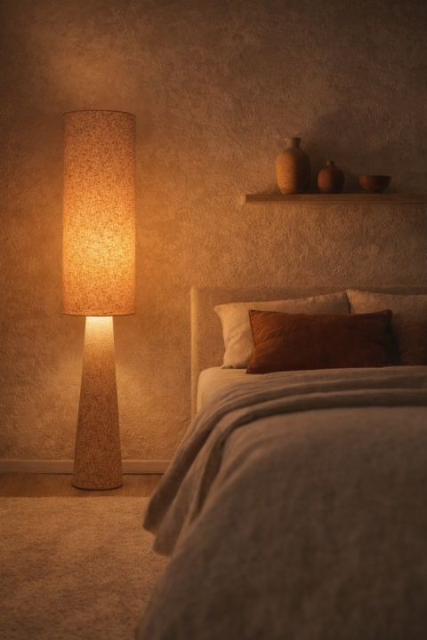 lampa podłogowa japandi kinari taka 130 cm w sypialni wieczorem