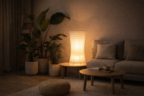 Lampa podłogowa lampion Haku Sei w salonie na niskim stole