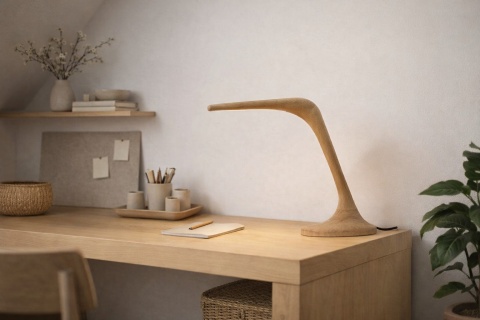 Lampa biurkowa drewniana Edanami Teburu na biurku w stylu japandi