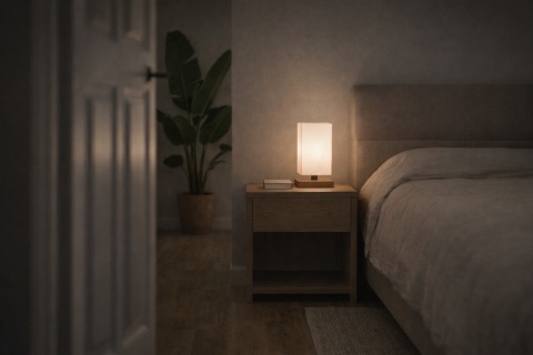 lampa stołowa led japandi kaku teburu na stoliku nocnym w sypialni