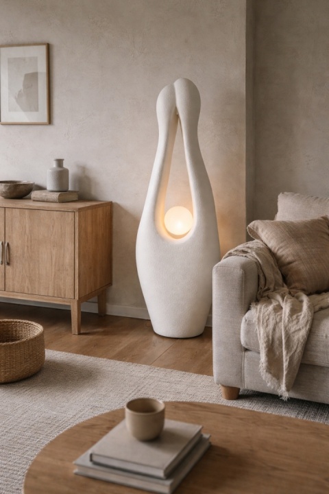 organiczna lampa stojąca shiroha w jasnym wnętrzu