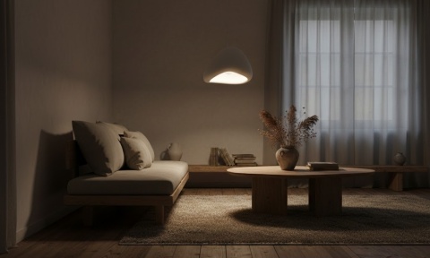 lampa wisząca japandi Kasumi 30 cm w sypialni w wieczornej aranżacji