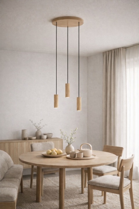 lampy wiszące japandi drewniane Take nad stołem w jadalni aranżacja