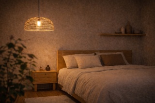 Lampa wisząca rattanowa japandi beżowa nad stół Yamori